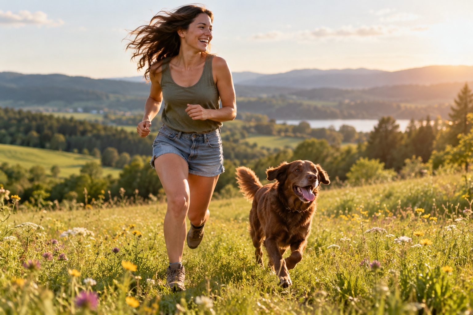 Frau rennt lachend mit ihrem braunen Hund über eine Blumenwiese
