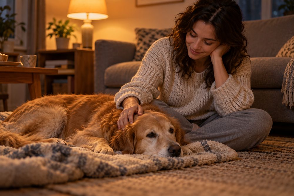 Frau sitzt abends auf dem Boden und streichelt ihren ruhig liegenden Hund