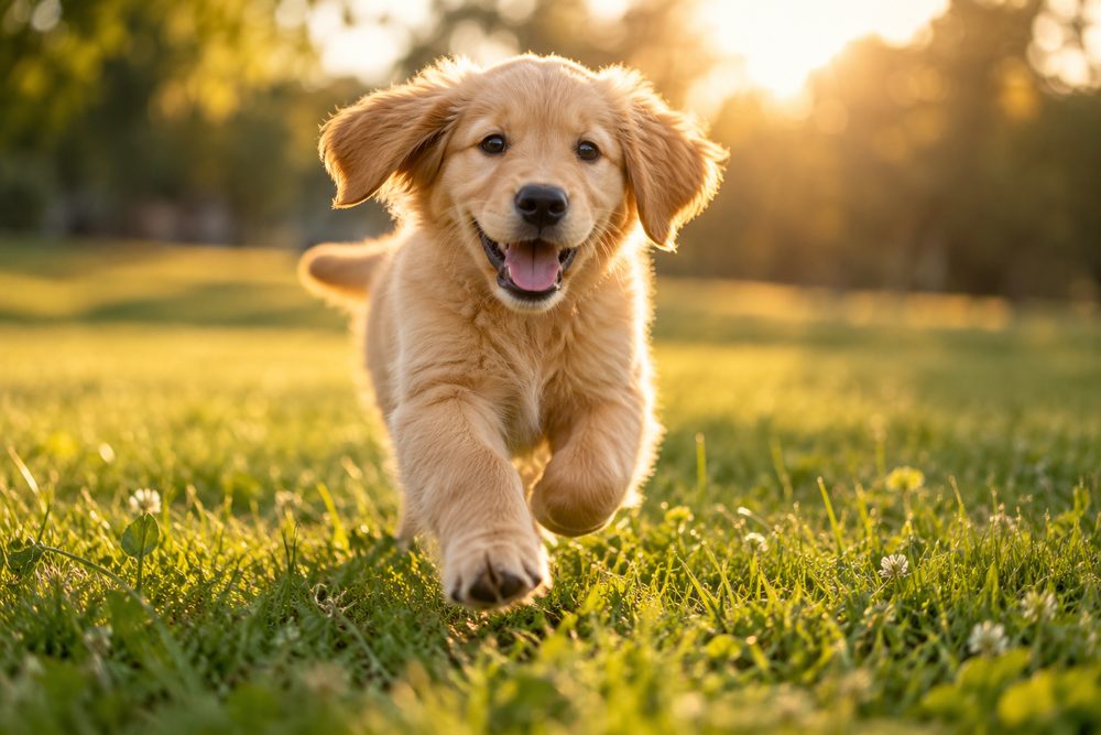 Golden-Retriever-Welpe rennt im Gegenlicht über eine Wiese