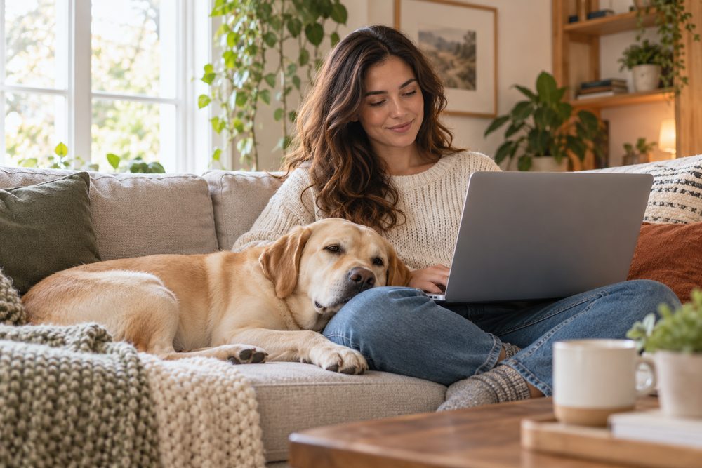 Frau mit Laptop auf dem Sofa, ihr Labrador liegt mit dem Kopf auf ihrem Schoß