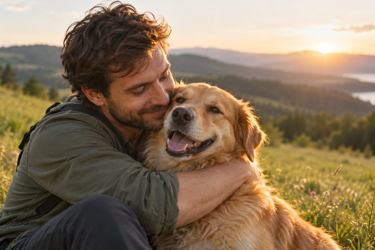 Ein Mann umarmt seinen lachenden Golden Retriever auf einer Wiese im Abendlicht