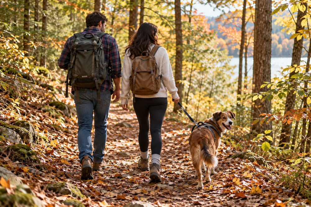 Paar beim Herbstspaziergang im Wald mit ihrem Hund an der Leine
