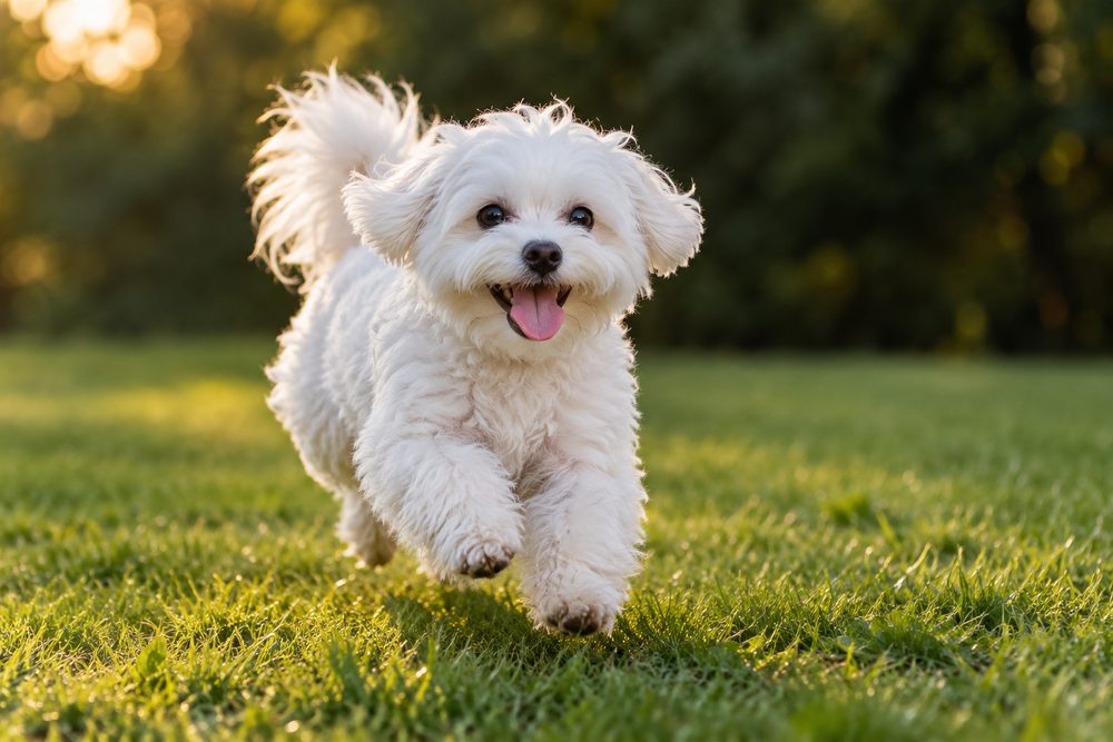 Kleiner weißer Hund rennt fröhlich über einen Rasen